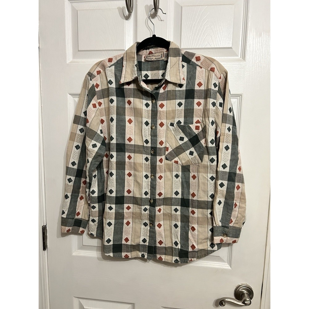 New Direction Vintage Women's L‎ Button Up Shirt Plaid Flannel 90s Cottagecore